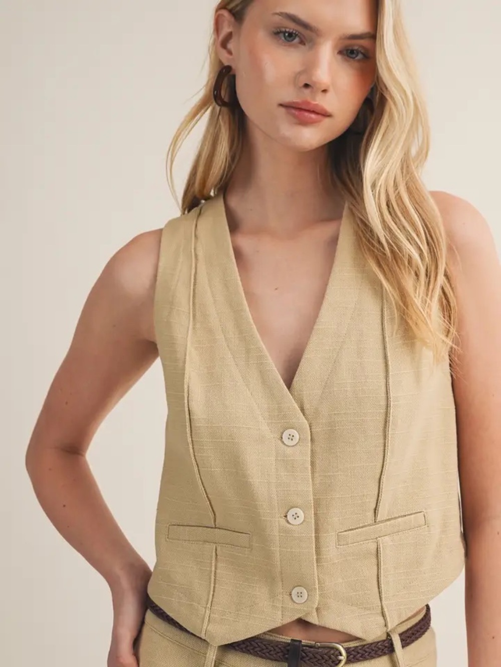 Mustard Seed Sz M Linen Blend Vest Top Sleeveless Tank Top Button